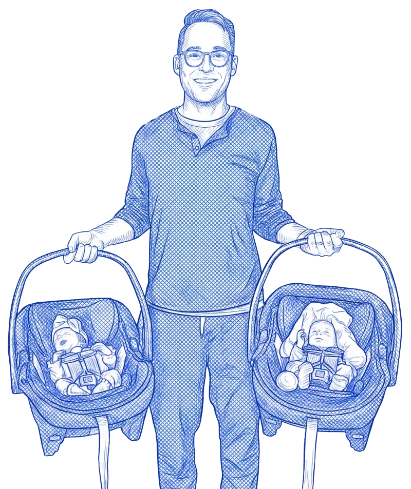 Illustration of Aaron Francis holding two infant car seats